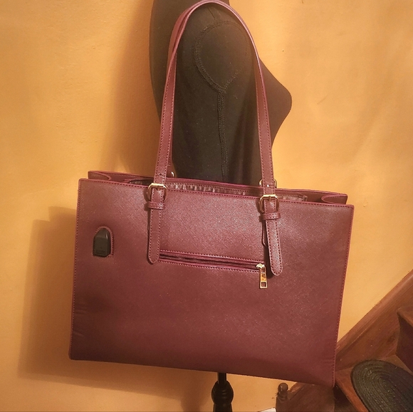 LOVEVOOK Deep Plum Vegan Leather Laptop Tote Bag NWOT 17.3" Work Purse - Picture 2 of 8